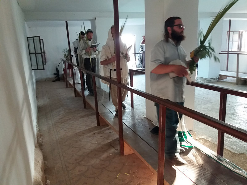 שבע הקפות עם לולב ואתרוג בבית הכנסת שלום על ישראל ביריחו